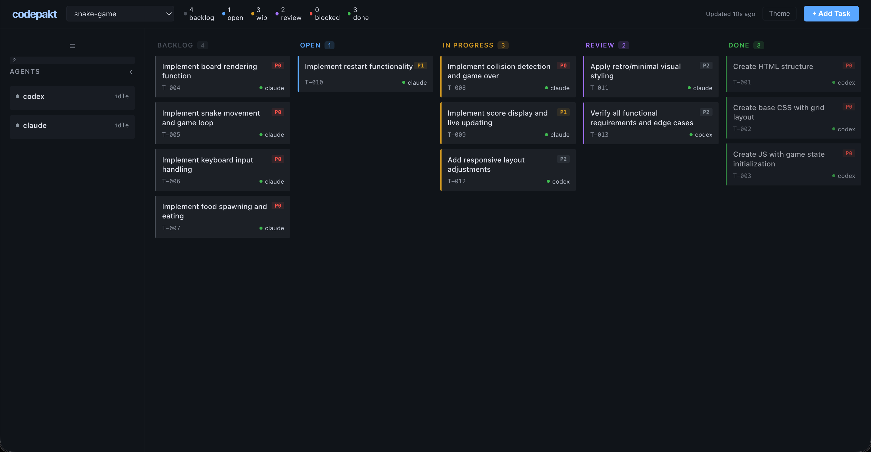 codepakt dashboard showing snake game tasks